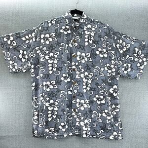 Coconut Beach Womens 100% Rayon Gray Tropical Floral Hawaiian Button Up‎ Shirt L